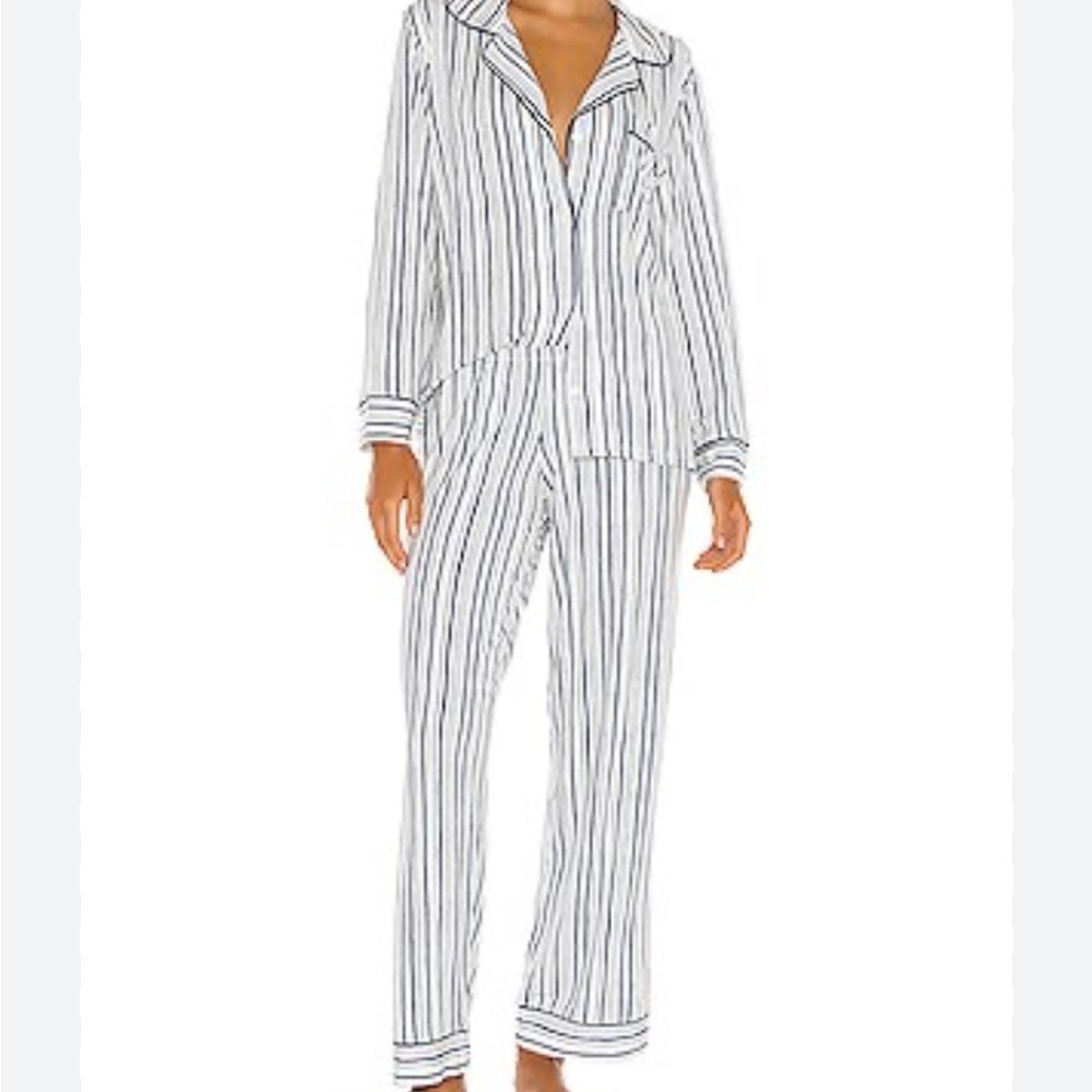 Eberjey Gisele Long PJ Set in Off White & Indigo Stripe XL